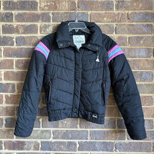 Vintage 80s Snuggler Ski Jacket Full Zip Black Pink Teal Size 8 Ladies